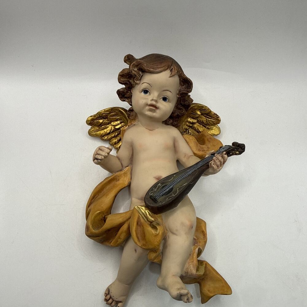 Vintage Cherub Angel Violin Player Wall Hanging Gold Wings 9” Baroque *